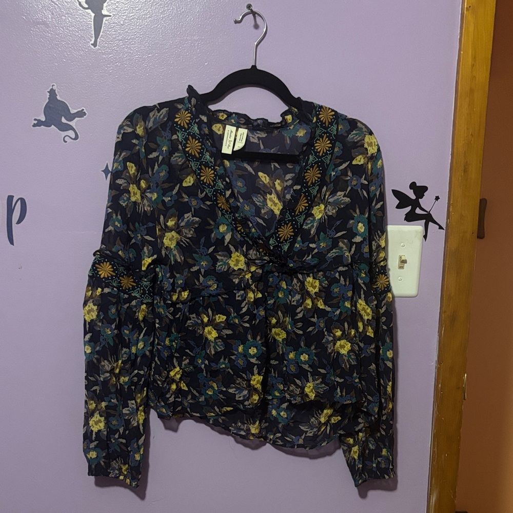 Anthropologie Floral Blouse - Black and Yellow